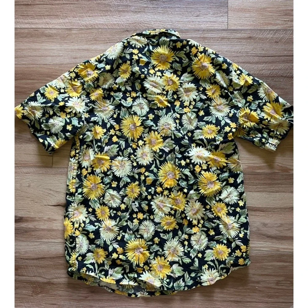Old Navy Button‎ Down Shirt Kids XL 14-16 Black Sunflower Floral Built-In Flex